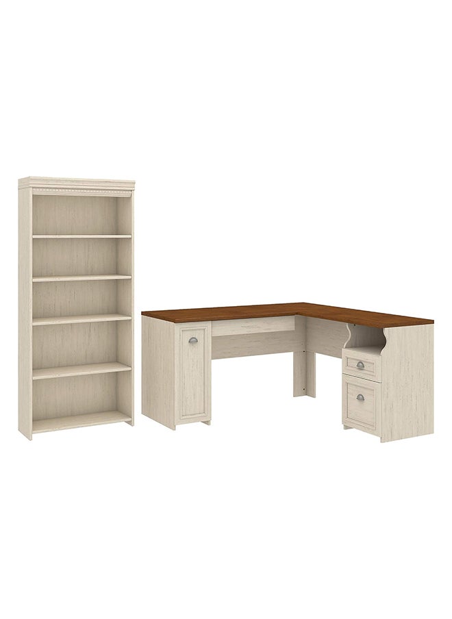 Generic L Shaped Desk And 5 Shelf Bookcase Antique White 