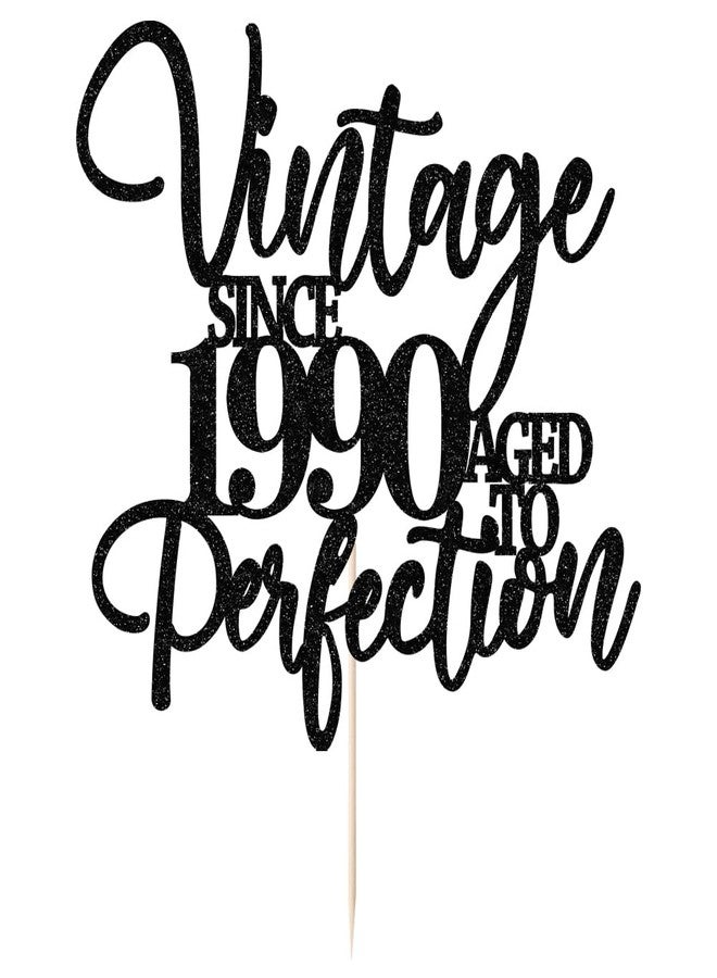 Kaoenla Glitter Vintage Since 1990 Cake Topper, Black Sparkle Aged to Perfection 36th Birthday & Anniversary Party Cake Decoration - Image 1