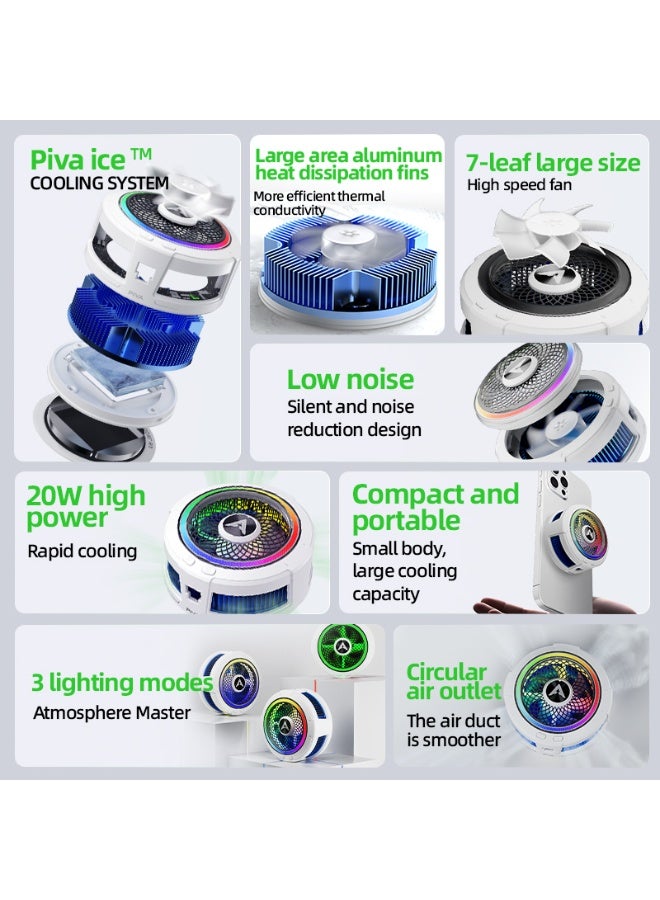 piva PIVA B2 Mobile Cooling Fan with RGB Lighting Attractive lighting enhances the gaming or streaming atmosphere and gives a modern look Powerful motor supports fast cooling up to 20 watts to keep your mobile temperature low no matter the usage conditions Light weight and compact design Quiet operation Color: White - Image 5