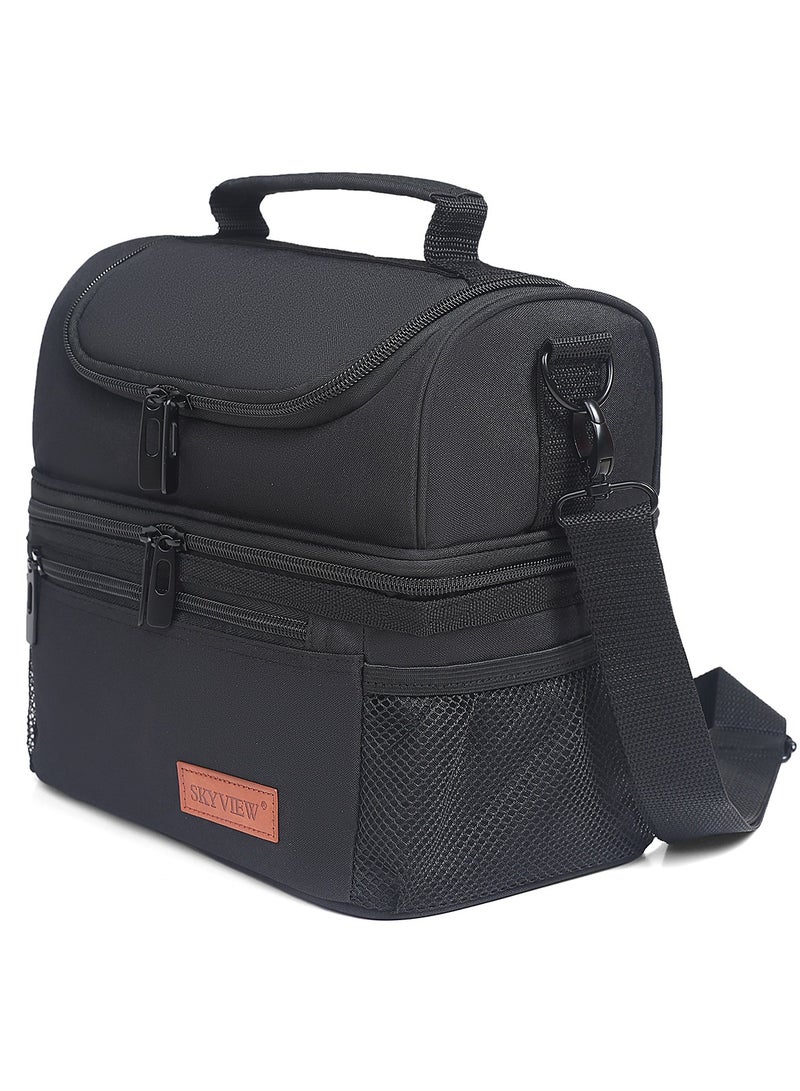 سكاي فيو حقيبة غداء SKY VIEW مزدوجة المقصورة مع حزام كتف للرجال والنساء معزولة ومضادة للتسرب وحقيبة تبريد للنزهات - أسود/25 * 15.5 * 24 سم - Image 1