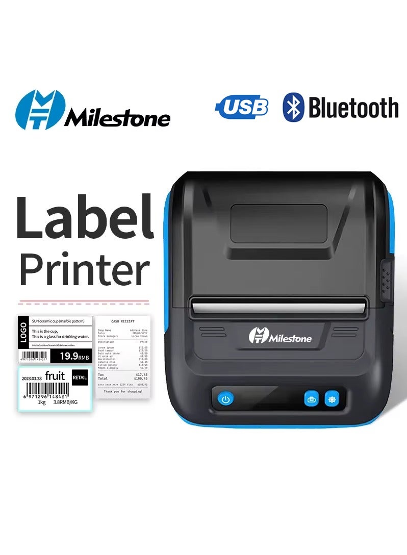 Milestone 2-IN-1 Bluetooth & USB Label Maker, Portable 10mm-80mm Receipt Print & Label Print, Portable Personal Bill Printer, USB POS Printer, Mini Wireless Thermal Printer Compatible with Android/iOS/Windows