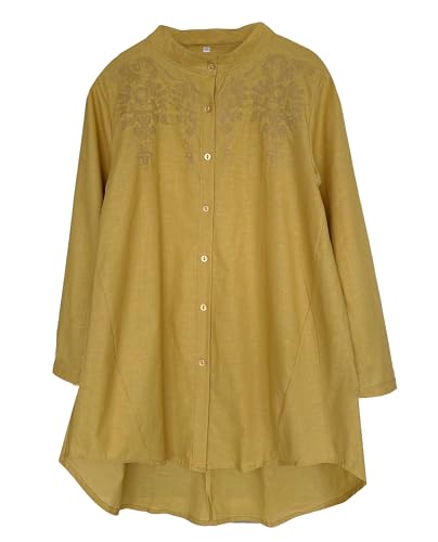 Minibee Women's Cotton Linen Shirt High Low Button Down Embroidered Blouse Long Sleeve Tunic Tops - Image 2