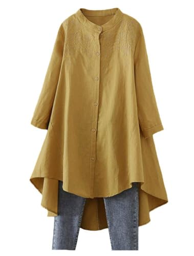 Minibee Women's Cotton Linen Shirt High Low Button Down Embroidered Blouse Long Sleeve Tunic Tops - Image 1
