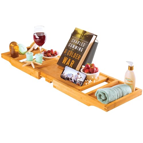 Bambüsi Bathtub Tray - Expandable Bamboo Bath Tray for Tub with Wine Glass Holder, Book & Tablet Stand - Wooden Bathtub Caddy Tray Table for Bathroom Accessories, Spa Relaxation, Housewarming & Wedding Gift - Image 1