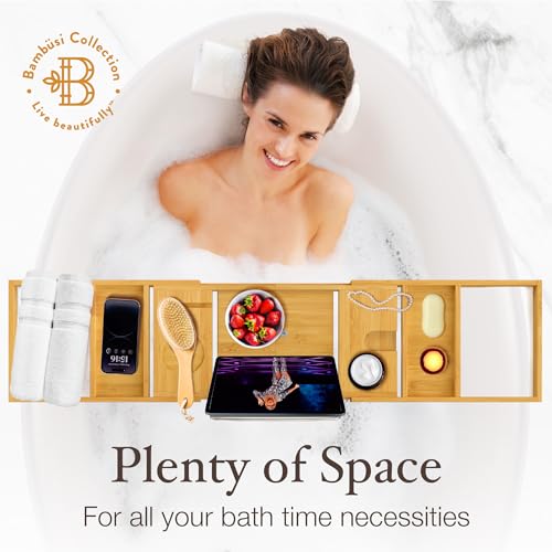Bambüsi Bathtub Tray - Expandable Bamboo Bath Tray for Tub with Wine Glass Holder, Book & Tablet Stand - Wooden Bathtub Caddy Tray Table for Bathroom Accessories, Spa Relaxation, Housewarming & Wedding Gift - Image 3