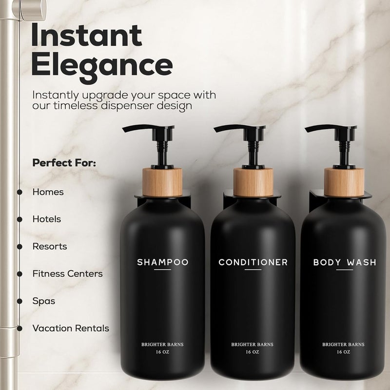 Brighter Barns Black Shampoo and Conditioner Dispenser Set Wall Mounted by - Shampoo Dispenser for Shower Wall 3 Chamber No Drill - Shower Bottles Refillable with Labels for Bathroom, Airbnb (Black) - Image 2