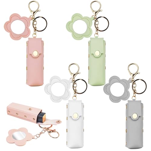 Arvintas 4 PACK PU Leather Potable Chapstick Holder Key Chain Bulk with Mirror Lipstick Keychain Lip Balm Organizer Holder Lipstick Travel Makeup Storage Case for Women Girls Style 3 - Image 1
