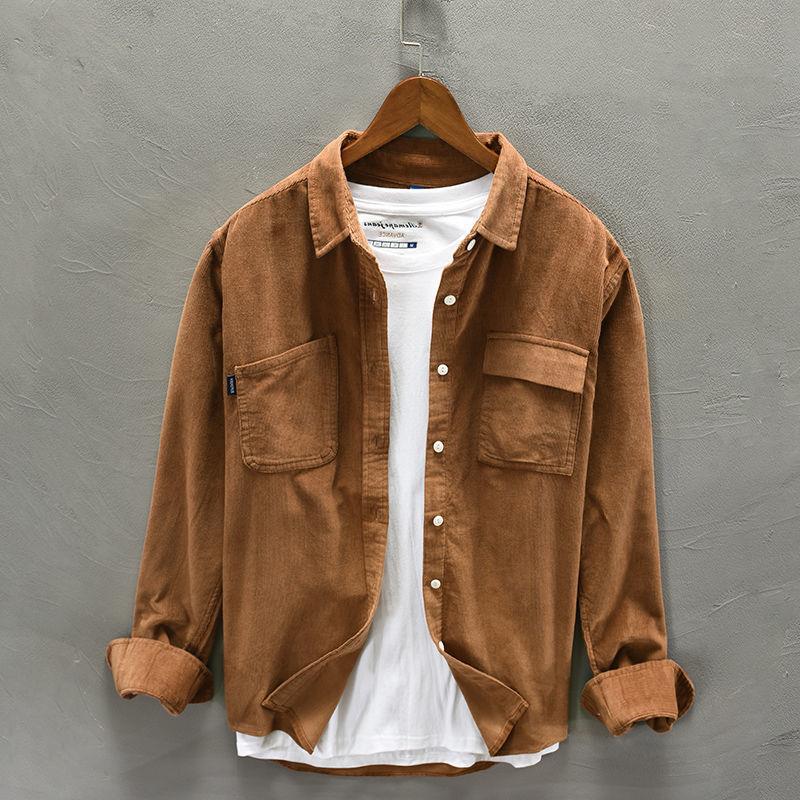 Corduroy Jacket Shirt Long-sleeved Mens Autumn New Youth Hong Kong-style Loose Casual All-match Mens Shirt Jacket Brown - Image 1