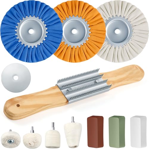 Liliful 12 Pcs 8" Airway Polishing Wheel Kit in Diameter 5/8", Metal Aluminum Buffing Wheel and Polishing Compound and Buffing Drill and Rake Pad for Angle Grinder Mirror Metal Finish (Bright Color) - Image 1