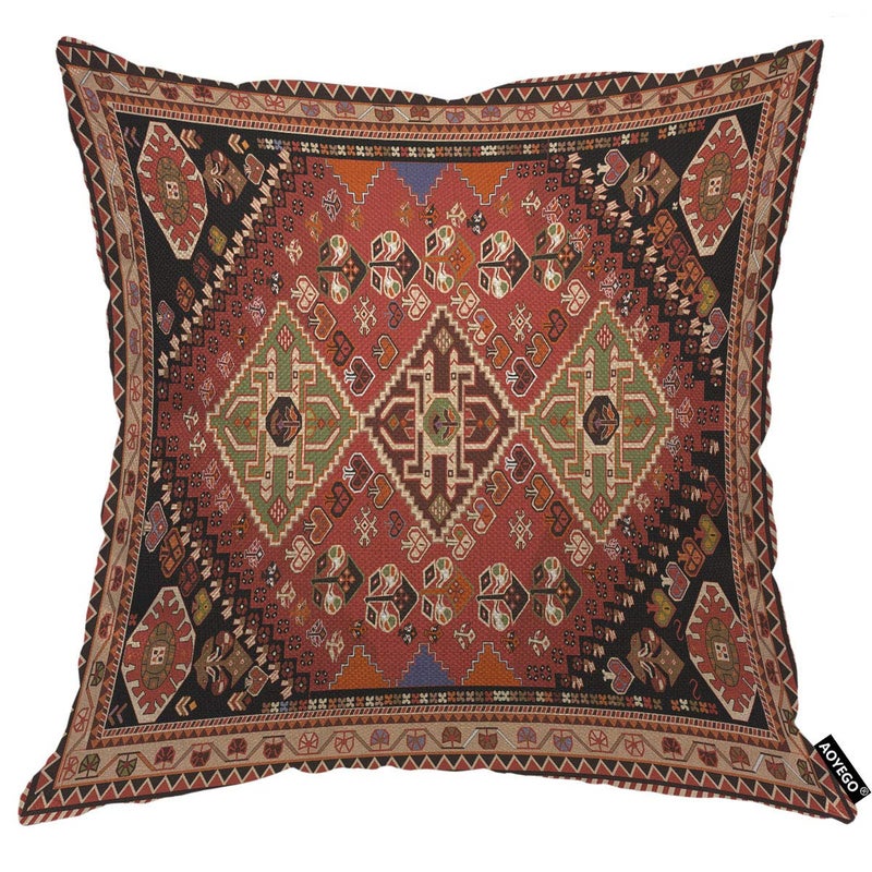 AOYEGO Persian Carpet Tribal Pattern Throw Pillow Cover Persian Embossing Ethnic Geometric Chaotic Diamond Grid Zigzag Pillow Case 18x18 Inch Decorative Men Women Room Cushion Cover for Home - Image 1