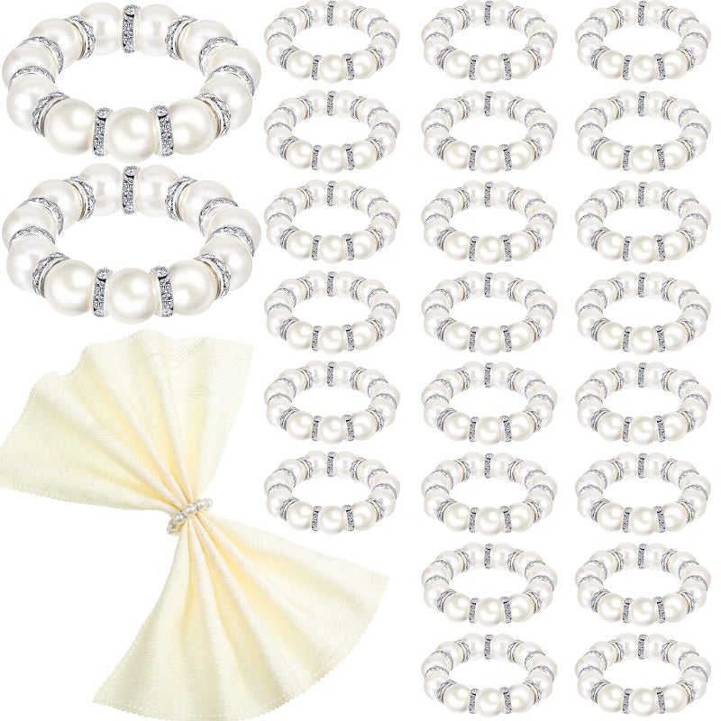 Potchen Potchen 24 Pcs Silver Pearl Napkin Rings Weddings Beaded Napkin Rings Holder Stretched Rhinestone Serviette Rings Buckle Elastic Spring Napkin Rings for Dinner Reception Party Banquet Table Decor 
