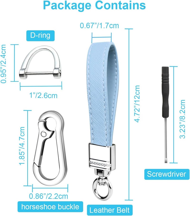 QBUC Genuine Leather Car Keychain,Universal Heavy Duty Metal Key Chain Accessories,Car Fob Key Keychain Holder with 360 Degree Rotatable Snap Swivel and Anti-Lost D-Ring for Men Women(Light Blue) - Image 2