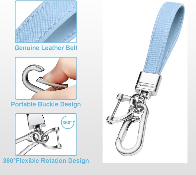 QBUC Genuine Leather Car Keychain,Universal Heavy Duty Metal Key Chain Accessories,Car Fob Key Keychain Holder with 360 Degree Rotatable Snap Swivel and Anti-Lost D-Ring for Men Women(Light Blue) - Image 3