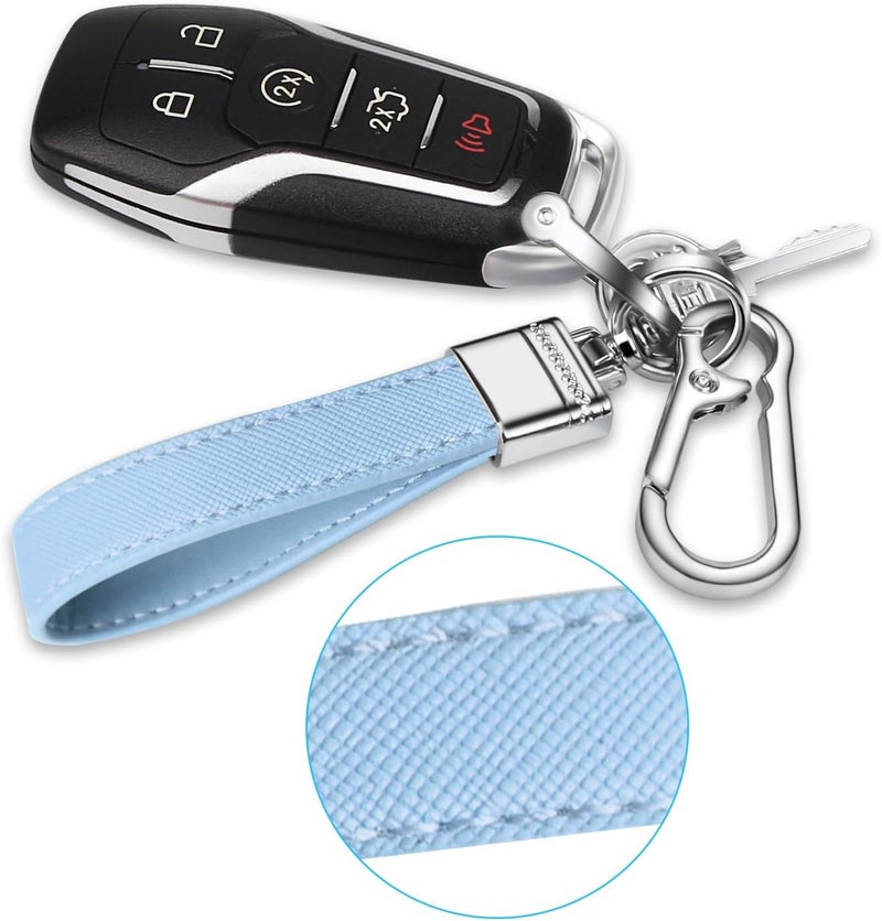 QBUC Genuine Leather Car Keychain,Universal Heavy Duty Metal Key Chain Accessories,Car Fob Key Keychain Holder with 360 Degree Rotatable Snap Swivel and Anti-Lost D-Ring for Men Women(Light Blue) - Image 5