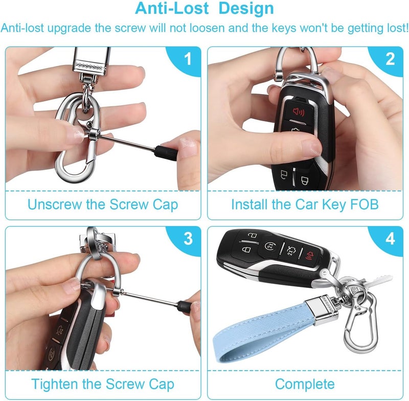 QBUC Genuine Leather Car Keychain,Universal Heavy Duty Metal Key Chain Accessories,Car Fob Key Keychain Holder with 360 Degree Rotatable Snap Swivel and Anti-Lost D-Ring for Men Women(Light Blue) - Image 4