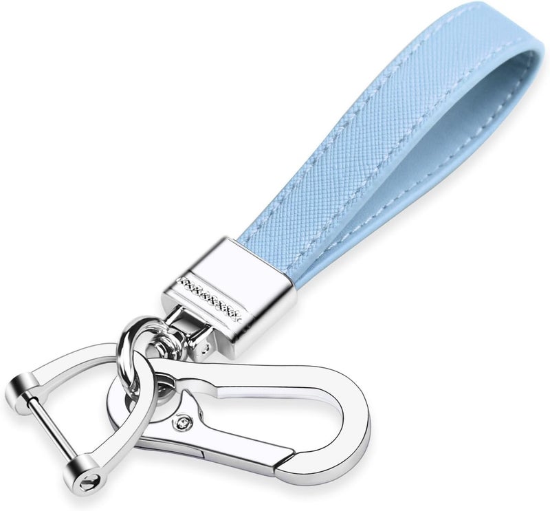 QBUC Genuine Leather Car Keychain,Universal Heavy Duty Metal Key Chain Accessories,Car Fob Key Keychain Holder with 360 Degree Rotatable Snap Swivel and Anti-Lost D-Ring for Men Women(Light Blue) - Image 1