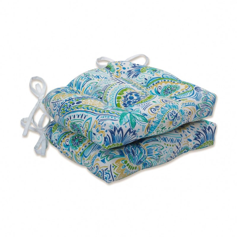 Pillow Perfect Paisley IndoorOutdoor Chairpad with Ties Reversible Tufted Weather and Fade Resistant 155 x 16 BlueYellow Gilford 2 Count