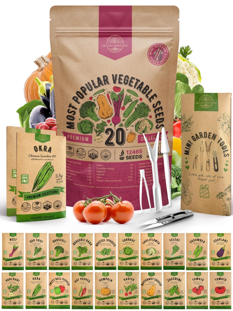 Organo Republic عبوة متنوعة من 20 بذور خضروات - 12,465+ بذور وراثية غير معدلة وراثيًا لزراعة الخضروات والفواكه في عبوات بذور فردية، بذور حديقة منزلية للزراعة المائية، والزراعة الداخلية والخارجية - Image 1