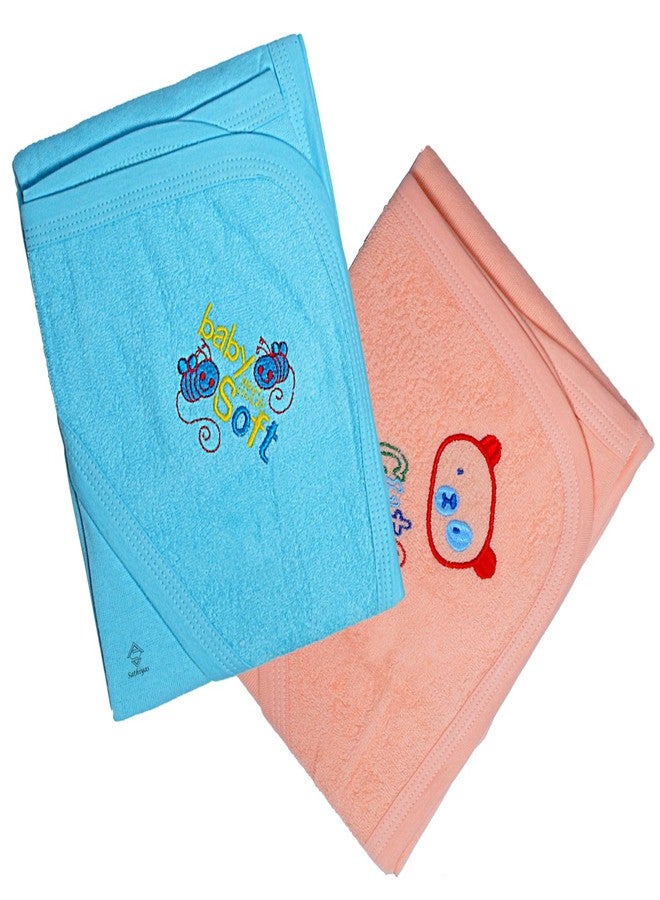 Sathiyas Akash 100% Cotton Embroidered Baby Towels - Pack of 2 (Blue || Orange)