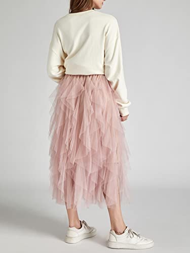 kydely Tulle Skirts for Women Long Length Tutu Fairy Tiered Skirt A Line Mesh Elastic Waist Skirts Pink One Size - Image 3