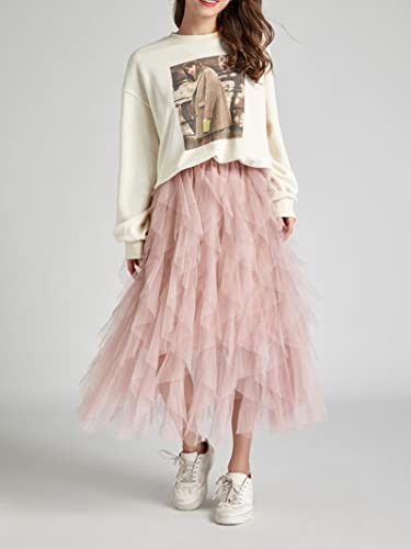 kydely Tulle Skirts for Women Long Length Tutu Fairy Tiered Skirt A Line Mesh Elastic Waist Skirts Pink One Size - Image 2
