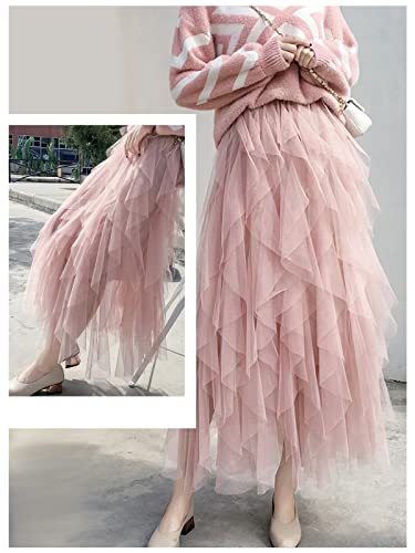 kydely Tulle Skirts for Women Long Length Tutu Fairy Tiered Skirt A Line Mesh Elastic Waist Skirts Pink One Size - Image 4