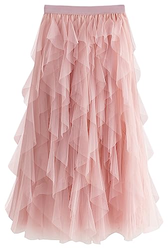 kydely Tulle Skirts for Women Long Length Tutu Fairy Tiered Skirt A Line Mesh Elastic Waist Skirts Pink One Size - Image 1