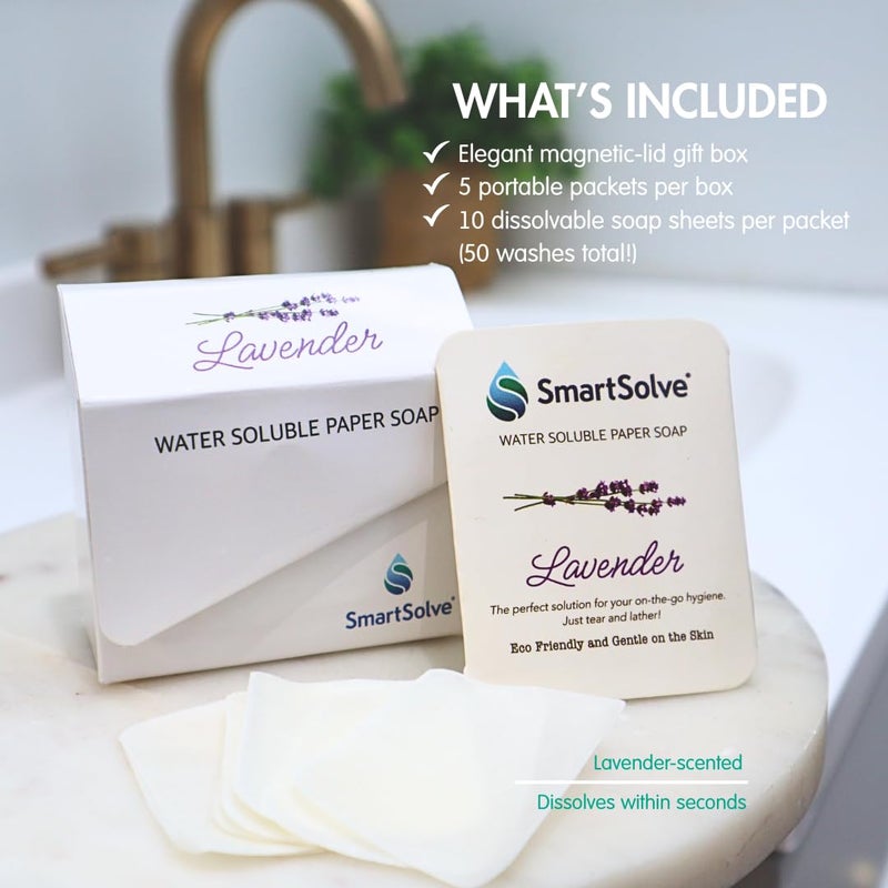 SmartSolve Lavender Scented Soap Sheets (Pack of 5, 50 sheets) - Eco-Friendly, Water-Soluble, Biodegradable, TSA-Friendly Travel Pocket Hand Wash | Cruelty-Free, Alcohol-Free, Gentle on Skin, - Image 2