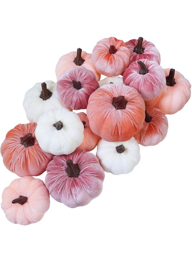 Winlyn 16 Pcs Assorted Artificial Velvet Pumpkins Blush Coral Pink Peach Cream Decorative Fabric Foam Pumpkins for Fall Wedding Baby Shower Thanksgiving Pastel Halloween Wreath Table Décor - Image 1