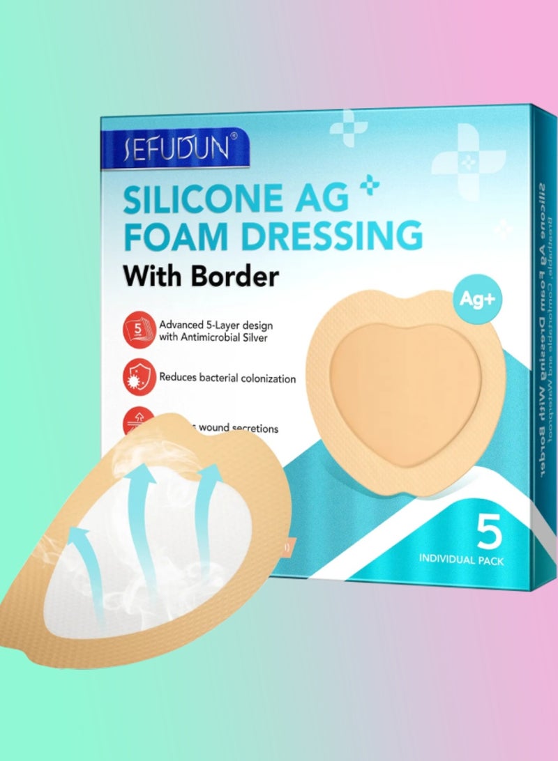 Sefudun 5Pcs Silicone AG Foam Dressing with Border Silicone Adhesive Foam Wound 5 Layer Bed Sore Bandage Foam Wound Dressing Silicone Bordered Sacral Pad with Adhesive Border Silicone Foam Dressing Bandage  - Image 1