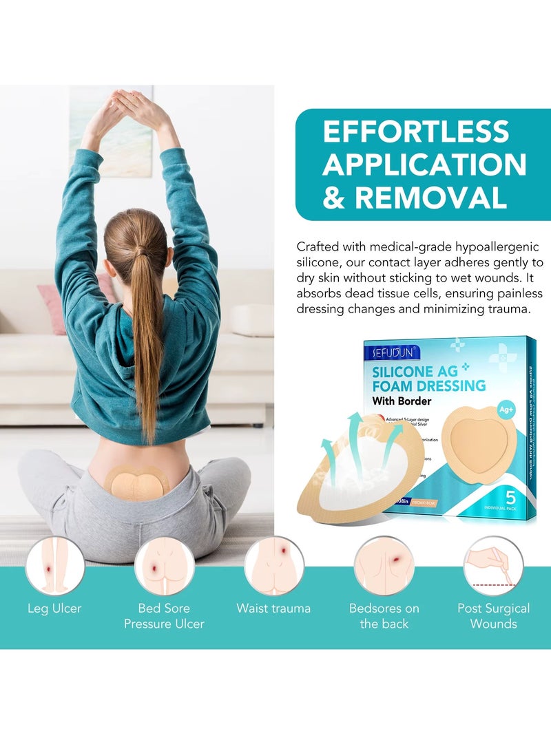 Sefudun 5Pcs Silicone AG Foam Dressing with Border Silicone Adhesive Foam Wound 5 Layer Bed Sore Bandage Foam Wound Dressing Silicone Bordered Sacral Pad with Adhesive Border Silicone Foam Dressing Bandage  - Image 5