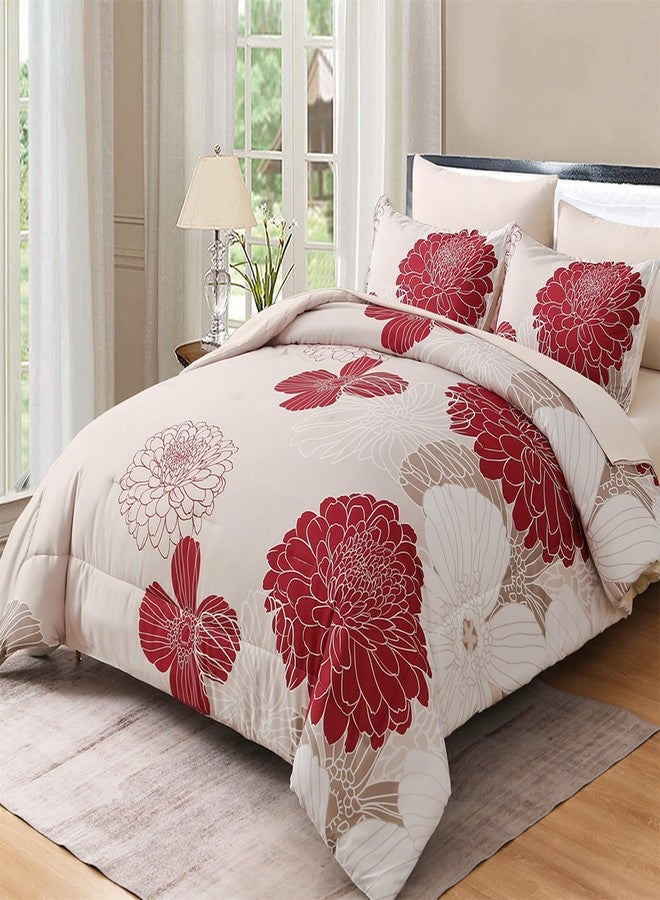 Yiran 7 Pieces King Comforter Set Red Floral Bed in a Bag Soft Microfiber Bedding Set 103"×90"(1 Comforter 1 Flat Sheet 1 Fitted Sheet 2 Pillowshams 2 Pillowcases) - Image 1