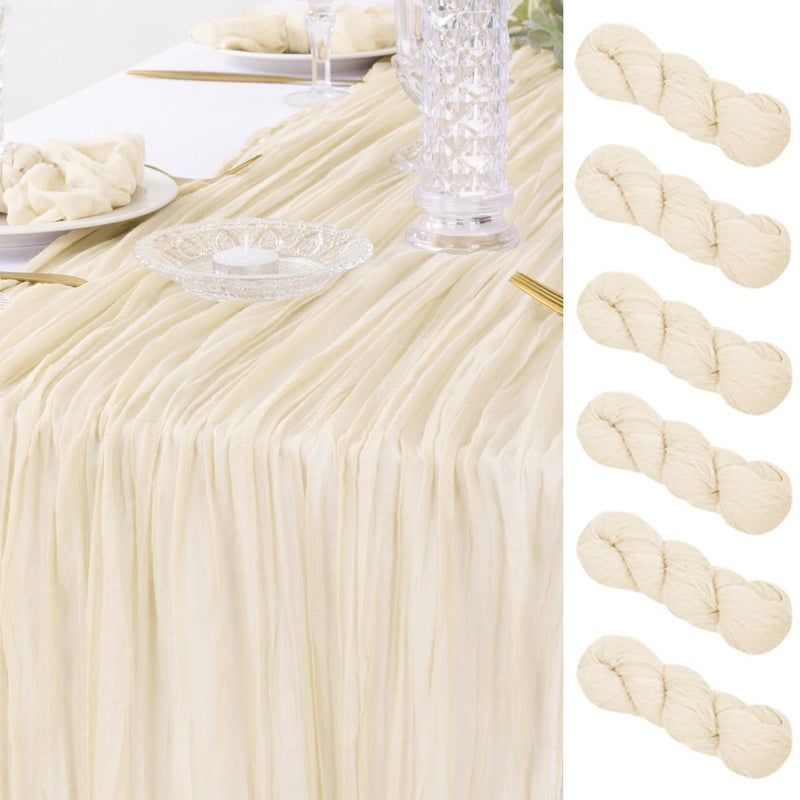 DeZerlor 6 Pack Christmas Table Runner Beige Cream Cheesecloth Table Runner Boho Gauze Table Runner 120 inches Long Winter Table Decor for Wedding Baby Shower Xmas Party Decorations - Image 1
