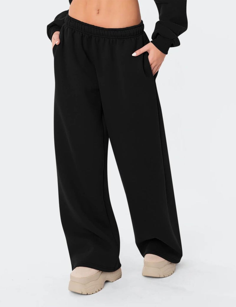 HeSaYep Women's Fleece Lined Sweatpants Wide Leg Baggy High Waisted Sweat Pants Drawstring Lounge Trousers Y2K Straight Leg Sherpa Pants Black M - Image 4