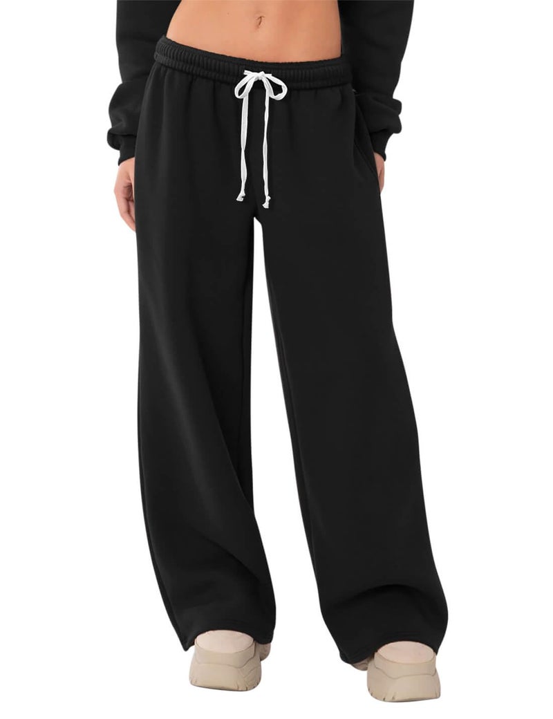HeSaYep Women's Fleece Lined Sweatpants Wide Leg Baggy High Waisted Sweat Pants Drawstring Lounge Trousers Y2K Straight Leg Sherpa Pants Black M - Image 1