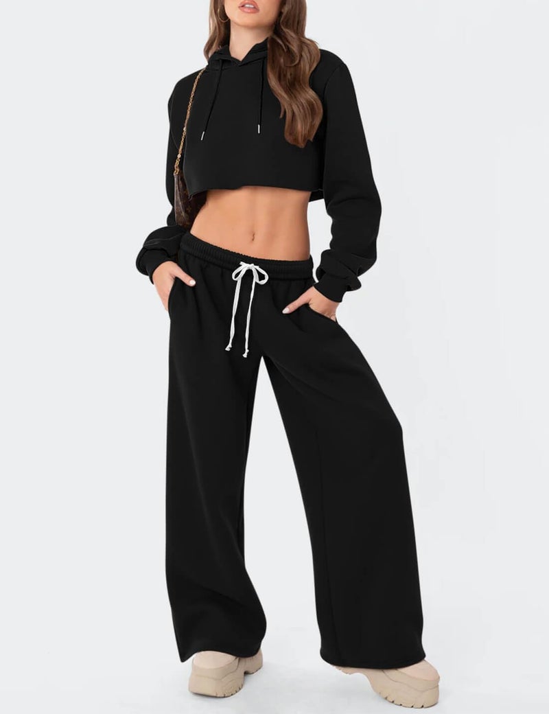 HeSaYep Women's Fleece Lined Sweatpants Wide Leg Baggy High Waisted Sweat Pants Drawstring Lounge Trousers Y2K Straight Leg Sherpa Pants Black M - Image 3