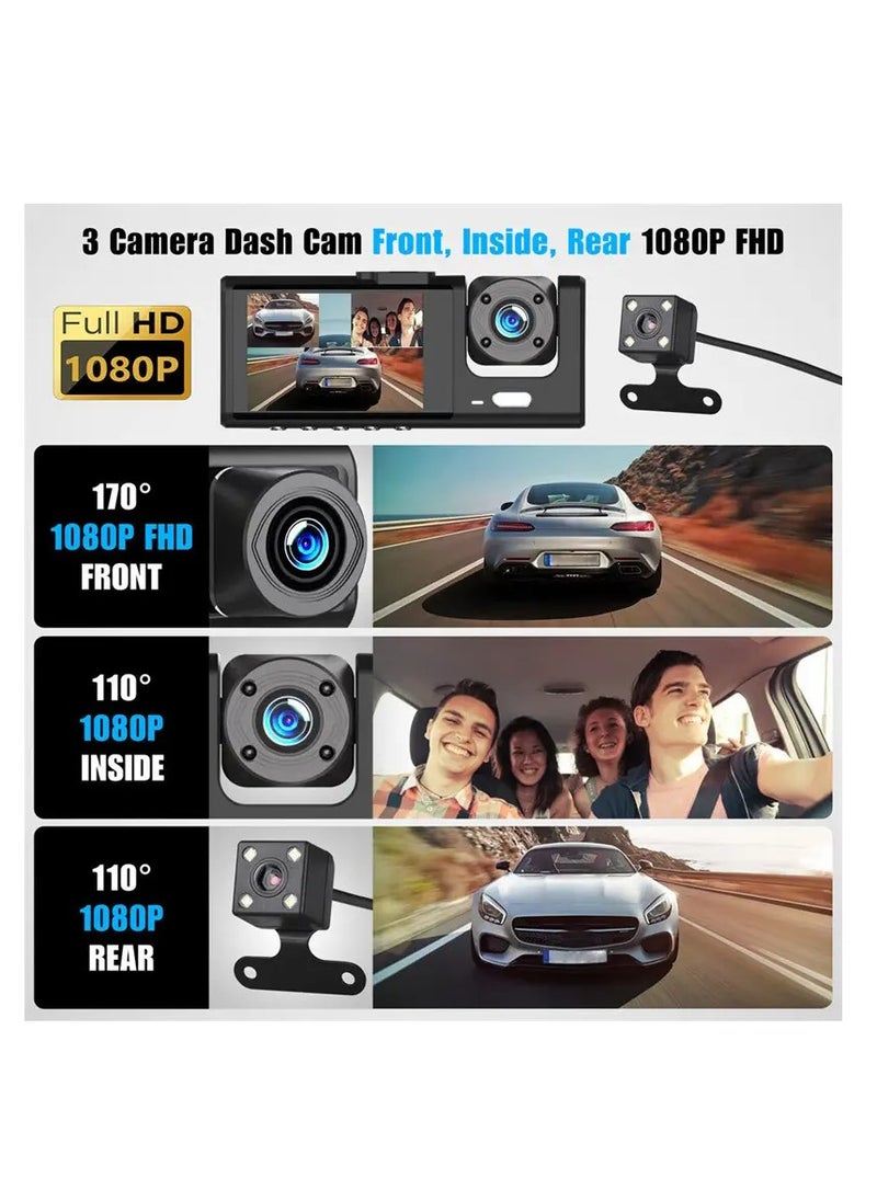 YOMYM Dash Cam, Front and Rear Triple Lens Dash Cam 1080P Full HD Car Dash Cam with Iris G Sensor, Night Vision Loop Recording 170° Wide Angle