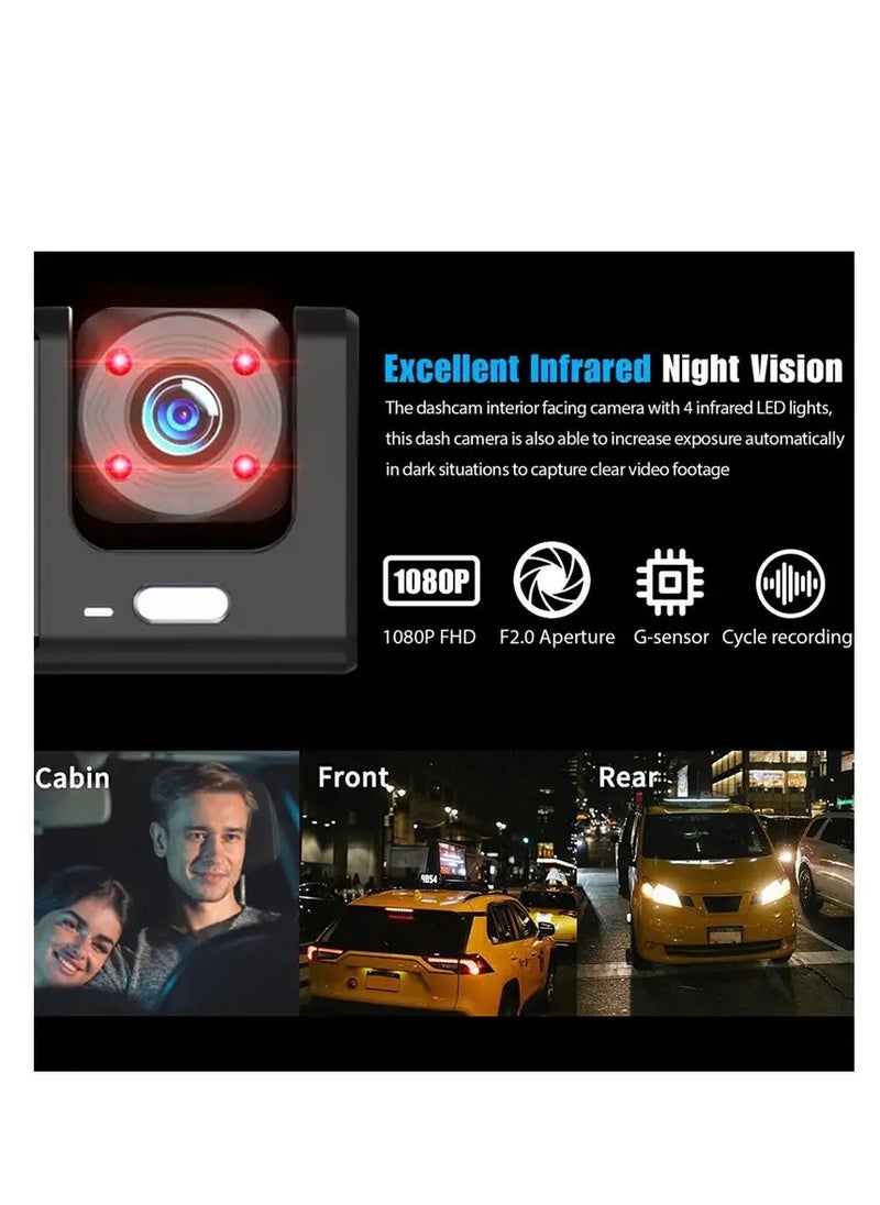 YOMYM Dash Cam, Front and Rear Triple Lens Dash Cam 1080P Full HD Car Dash Cam with Iris G Sensor, Night Vision Loop Recording 170° Wide Angle
