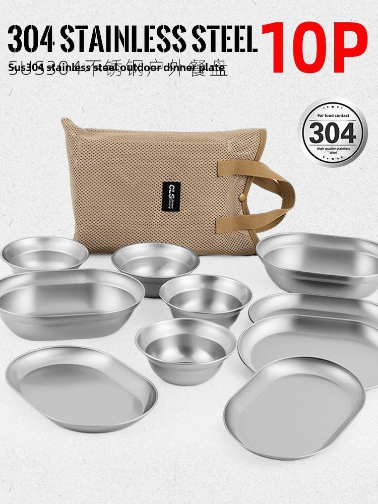 CLS outdoor 304 stainless steel plate 10 pieces suit self-driving travel portable barbecue camping household soup basin small bowl dish(304 stainless steel 10-piece dinner plate suit) - Image 1