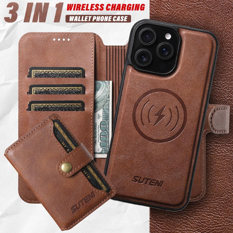 Suteni For Iphone 14 Pro Max Q05S1 3-In-1 Detachable Wallet Magsafe Leather Phone Case(Brown) - Image 4