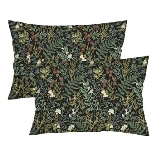 AELMARNEE Green Plant Throw Pillow Cover Queen Size Set of 2 Black Green Botanical Leaf Pillowcases Vintage Floral Lumbar Pillow Case Standard Pillow Cases with Zipper Decorative Cushion Covers for Bed,20"x30" - Image 1