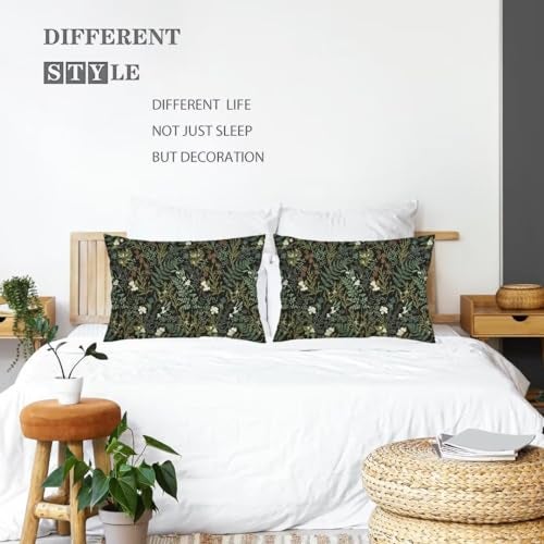 AELMARNEE Green Plant Throw Pillow Cover Queen Size Set of 2 Black Green Botanical Leaf Pillowcases Vintage Floral Lumbar Pillow Case Standard Pillow Cases with Zipper Decorative Cushion Covers for Bed,20"x30" - Image 3