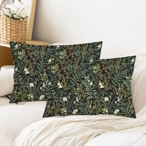 AELMARNEE Green Plant Throw Pillow Cover Queen Size Set of 2 Black Green Botanical Leaf Pillowcases Vintage Floral Lumbar Pillow Case Standard Pillow Cases with Zipper Decorative Cushion Covers for Bed,20"x30" - Image 2