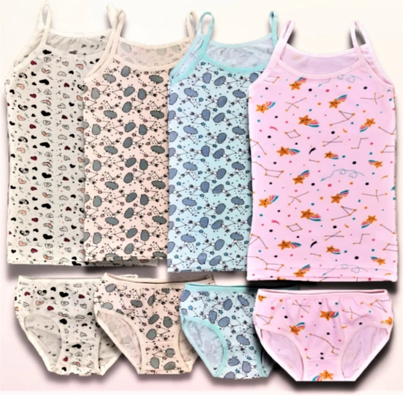 Katmirra 4 Pieces Girls Undershirt Slip Panties Set Cotton Colorful Patterned