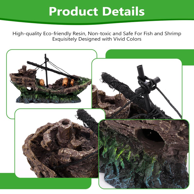 Hygger CO2 Big Ship Aquarium Decoration Resin - Large Weathered Sunken Shipwreck with Small Hole,Centerpiece for Fish Tank - Approx. 10" L x 4.5" W x 5.3" H(Big Ship) - Image 4