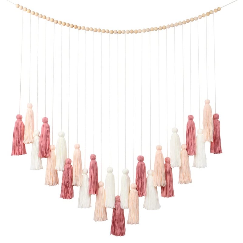 DrCor Dreaming Decor DrCor Handmade Boho Macrame Wall Hanging  Blush Pink Tassels with Rose Gold Accents for Nursery Classroom Wedding Living Room Baby Shower Back to School Decor 