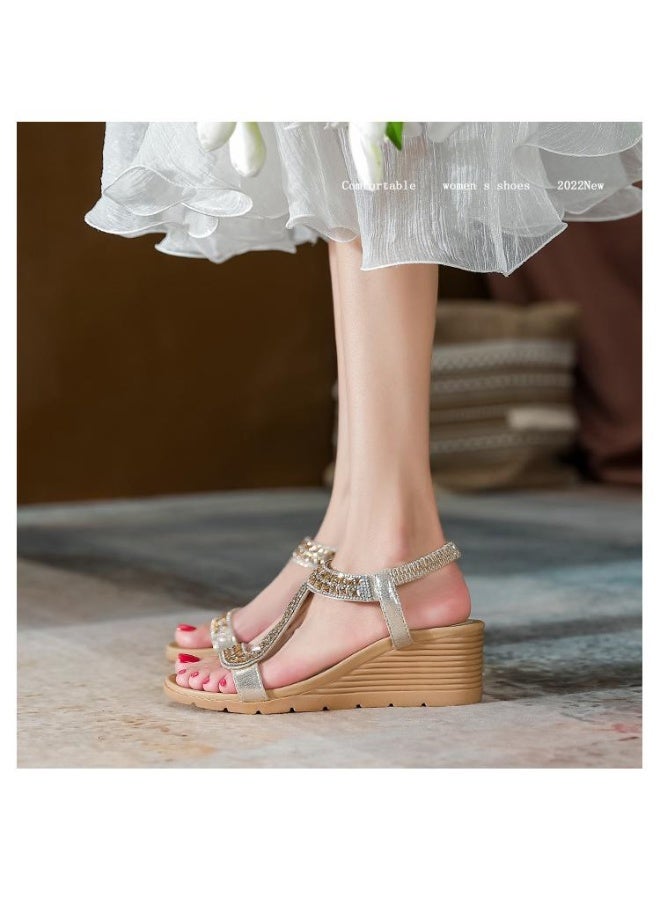 NIBEMINENT صنادل نسائية صنادل ويدج أحذية صيفية نسائية صنادل بلاتفورم مزينة بالأحجار الكريمة صنادل كاجوال بوهيمية للشاطئ - Image 3