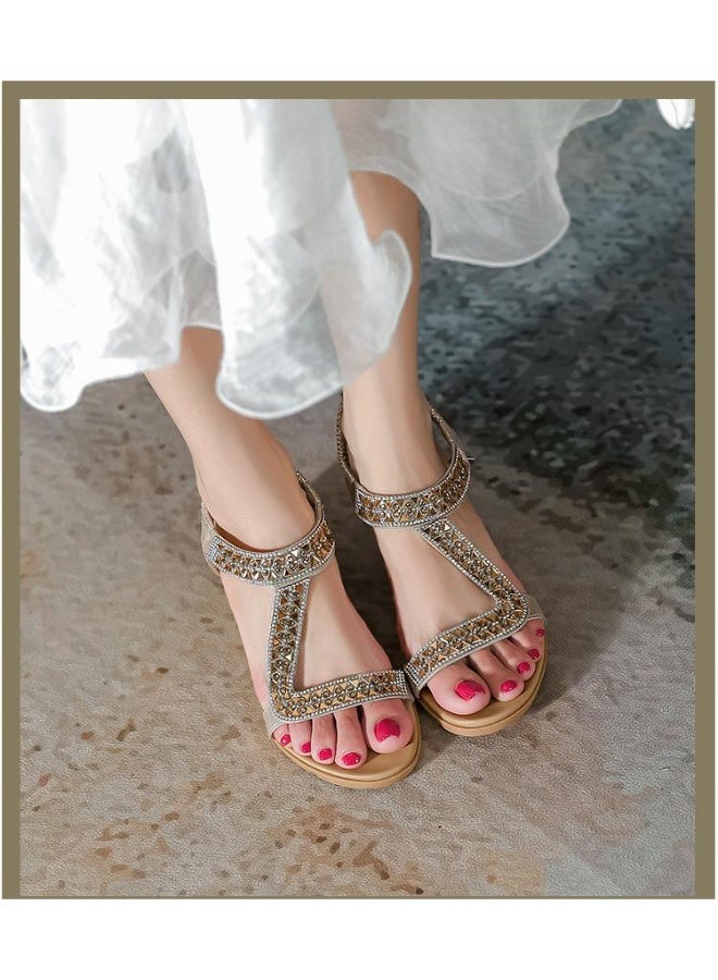 NIBEMINENT صنادل نسائية صنادل ويدج أحذية صيفية نسائية صنادل بلاتفورم مزينة بالأحجار الكريمة صنادل كاجوال بوهيمية للشاطئ - Image 4