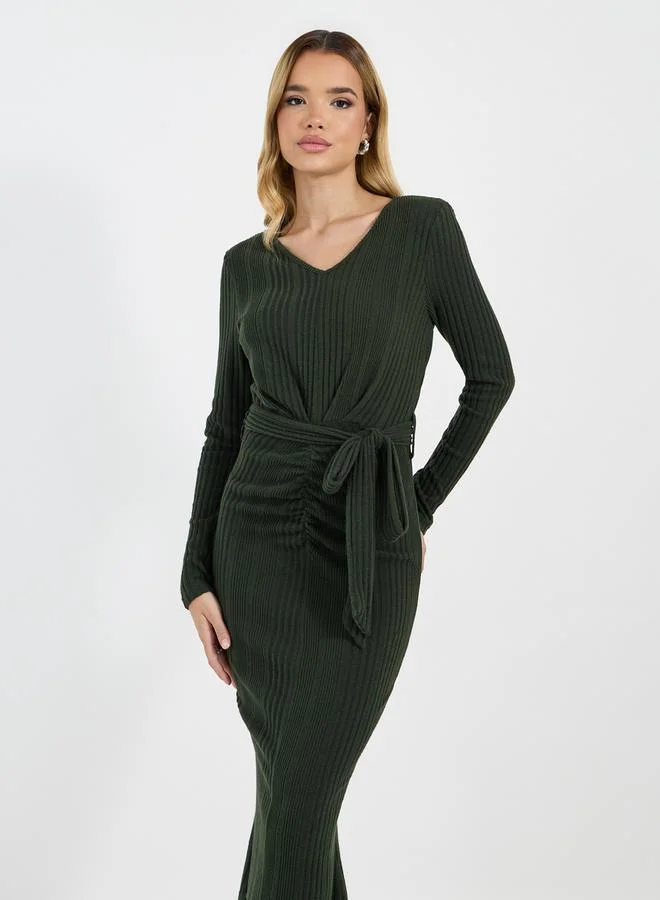 Styli Ribbed Tie-Waist Dress