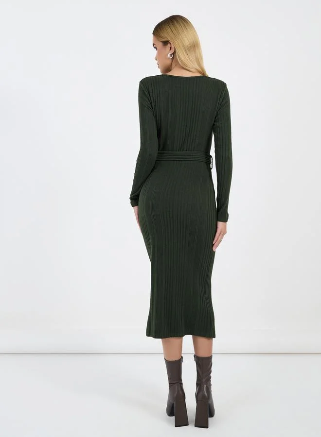 Styli Ribbed Tie-Waist Dress